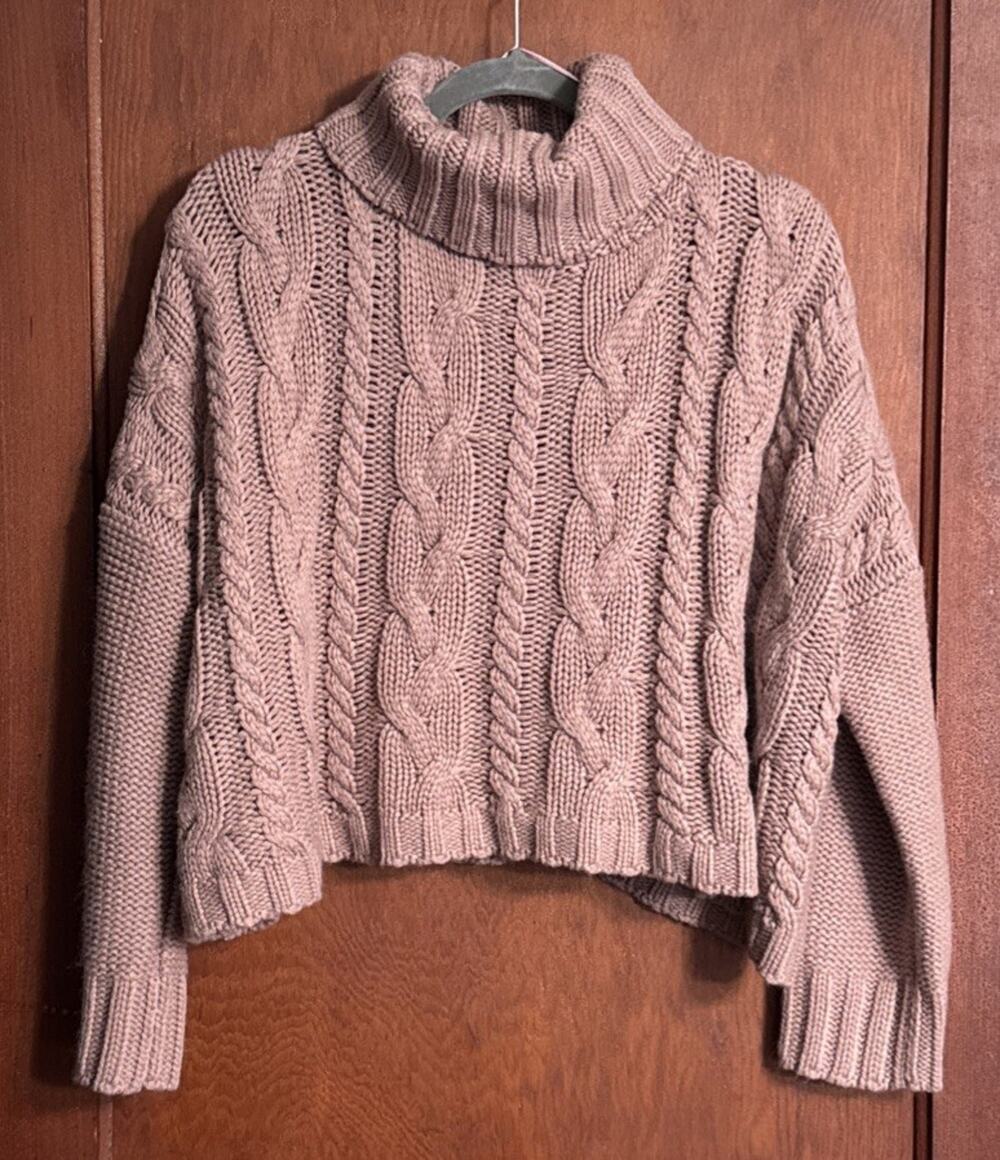 Love Tree Women’s Large Cropped Chunky Cable Knit Turtleneck Sweater Mauve Pink